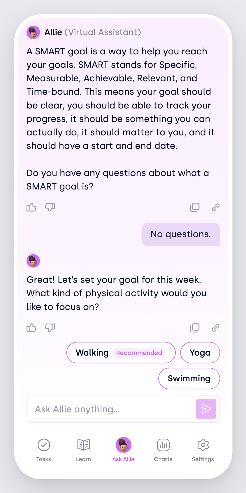 Working prototype of the Ask Allie SMART Goals conversation — Allie introduces SMART goals, the patient replies, and Allie asks what physical activity to focus on, with live suggestion chips (Walking recommended, Yoga, Swimming) and a free-text input field