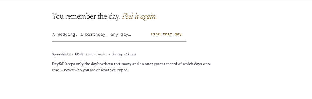 Dayfall's original footer: the line 'You remember the day. Feel it again.' above an empty text field