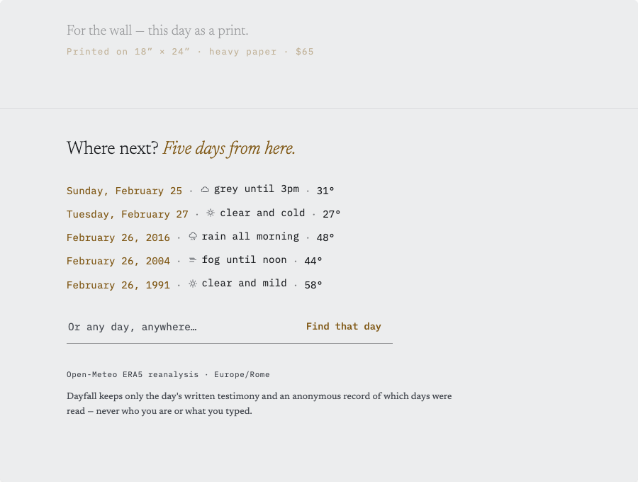 An exploration: five monospace lines, each with a date, a condition and a temperature