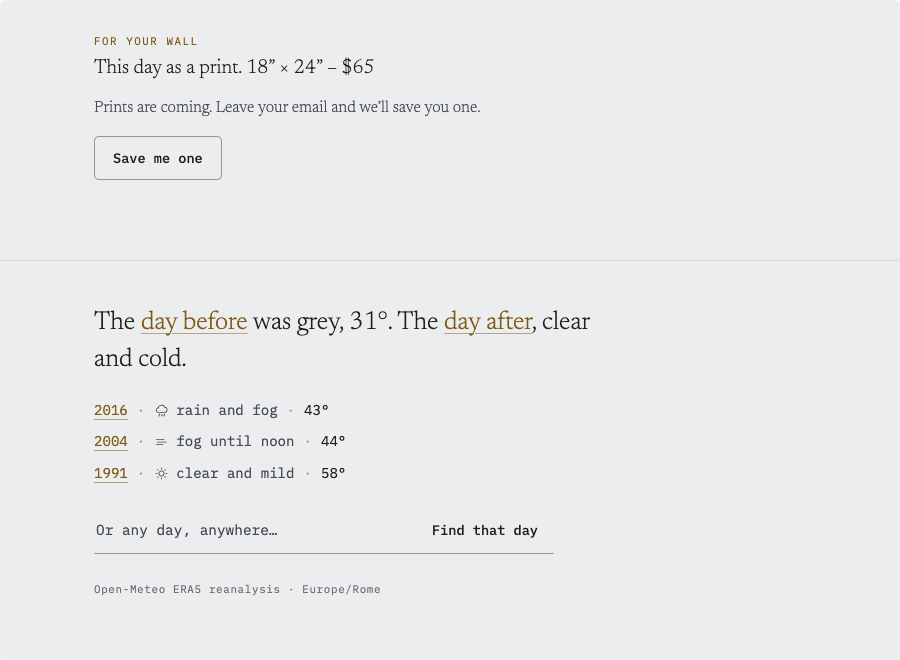The footer that stuck: a serif sentence about the day before and day after, then three monospace lines for 2016, 2004 and 1991
