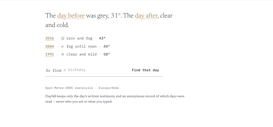 The finished footer: the day before and day after as a sentence, three years as lines, and the field mid-cycle reading 'Or find a birthday'