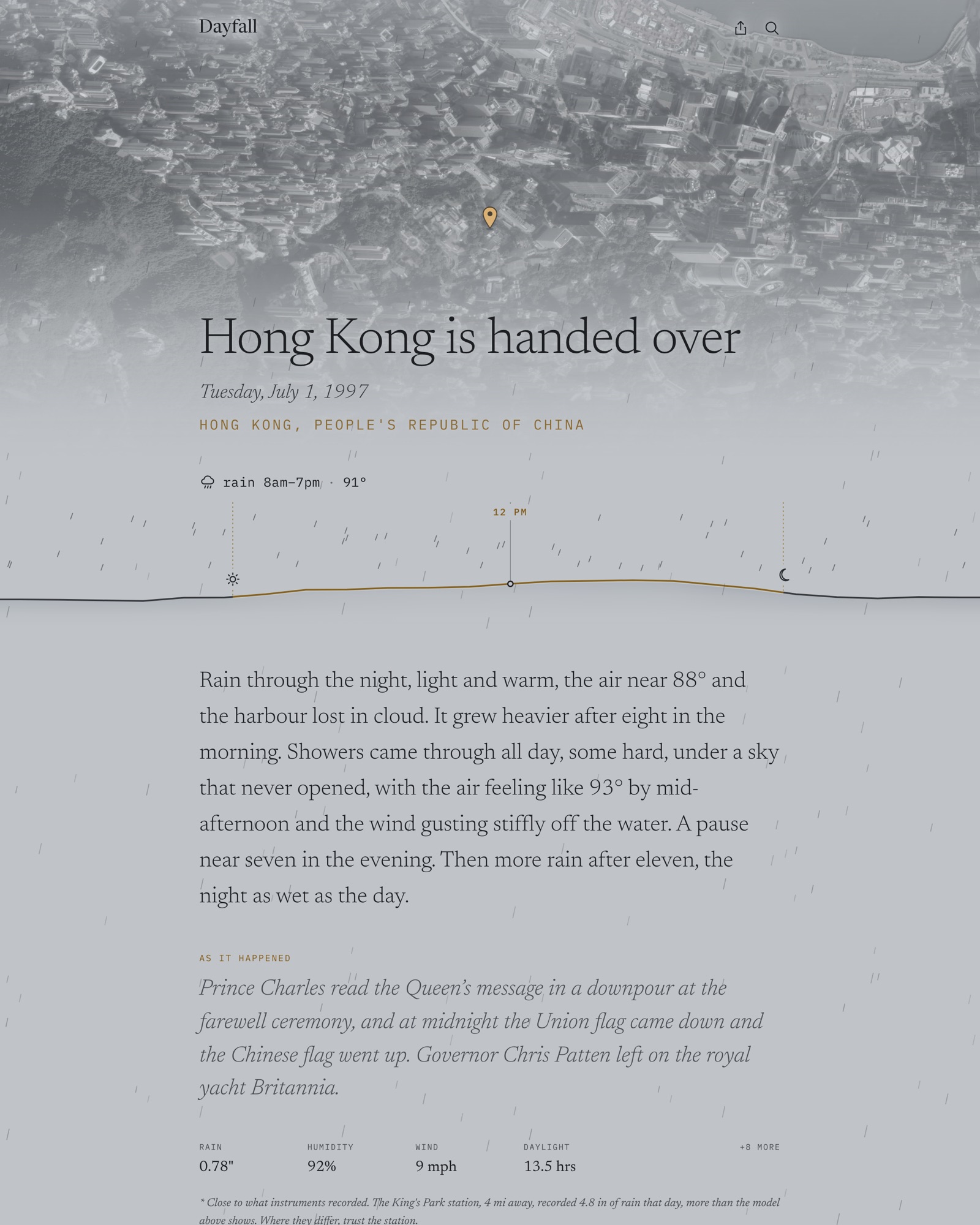The Hong Kong handover page: a rain-greyed satellite view of the harbour, the headline and date, the label 'rain 8am–7pm · 91°', the ridge, and the testimony beneath
