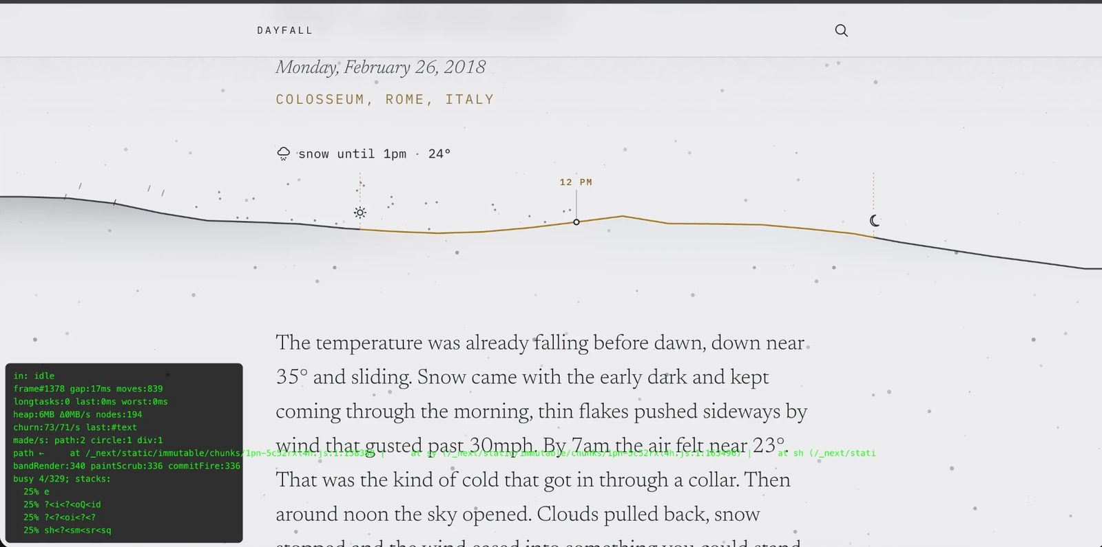 The Rome page with a green diagnostic overlay in the corner reporting frame gaps, heap, and DOM churn