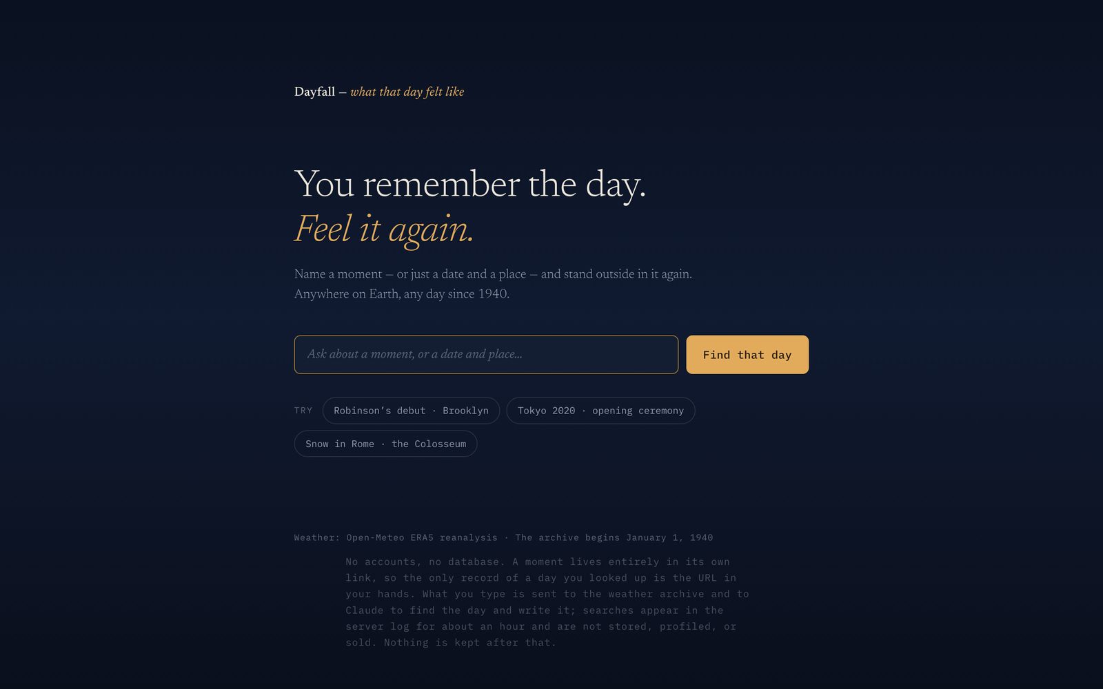 The Dayfall create page — a night-blue screen with the words 'You remember the day. Feel it again.'