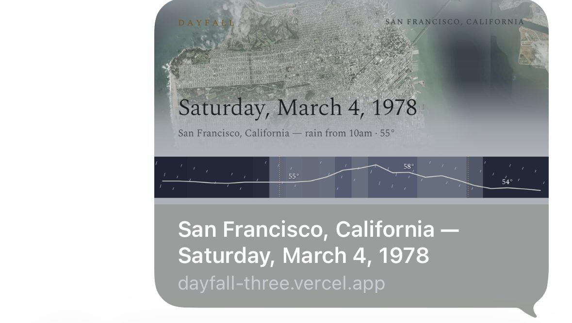 An iMessage bubble showing a Dayfall link preview: satellite map of San Francisco, 'Saturday, March 4, 1978,' and a small rain band