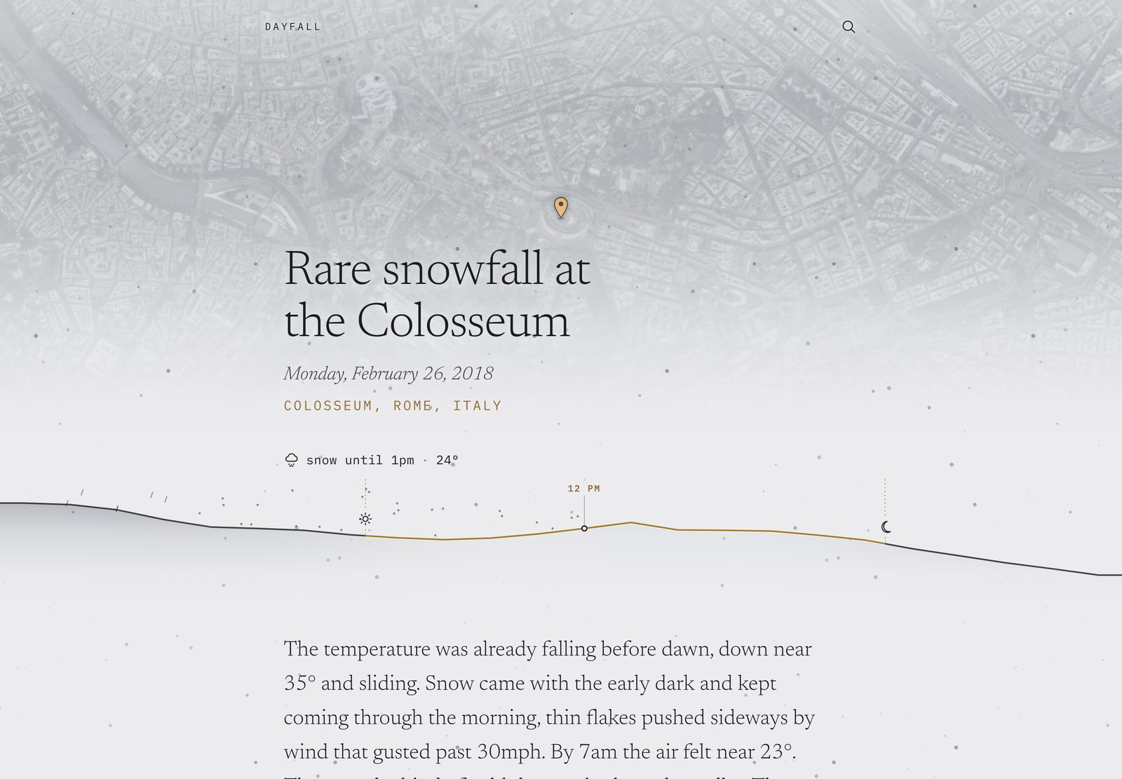 Dayfall's Rome page — 'Rare snowfall at the Colosseum,' snow marks drifting over a pale grey page