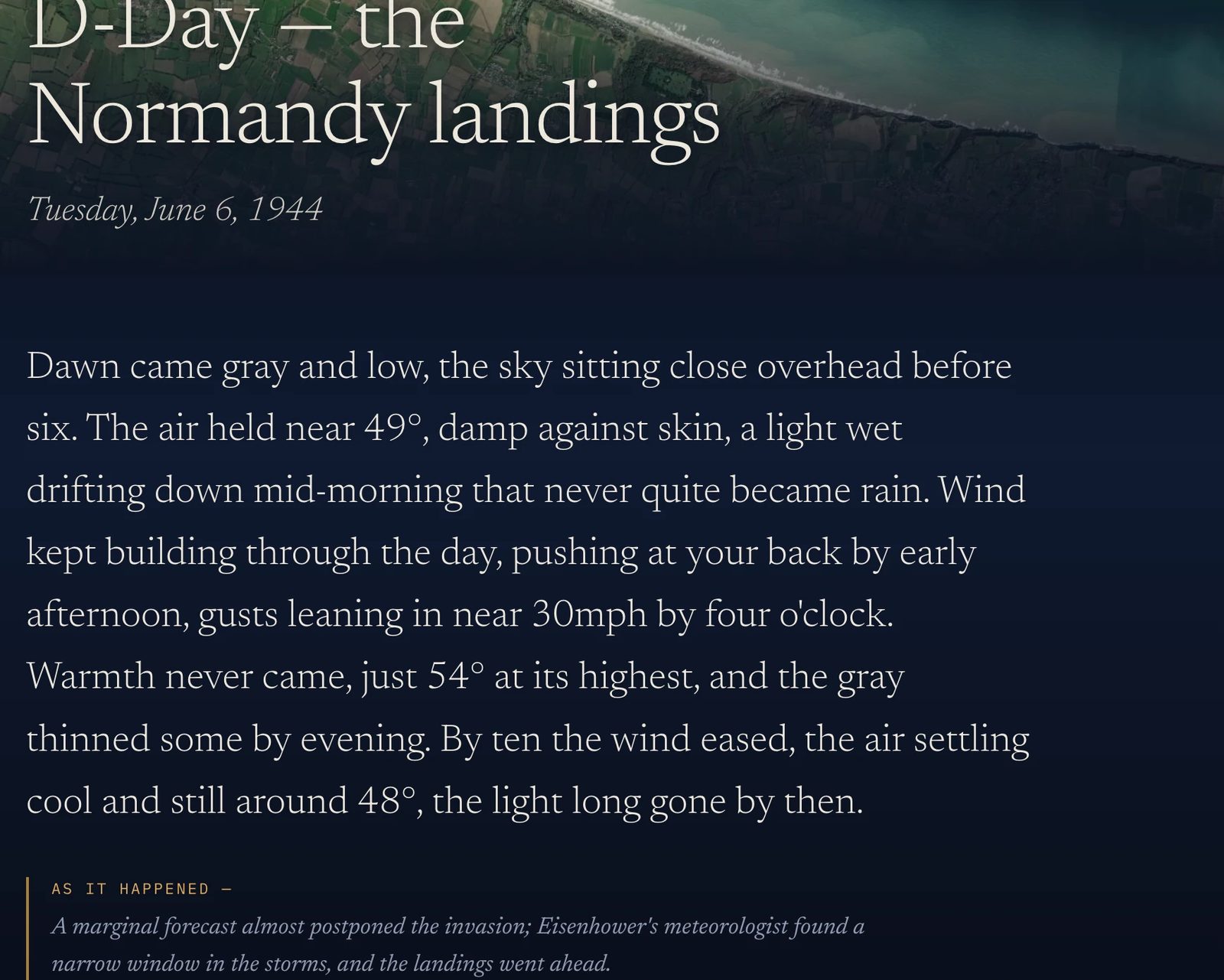 An early Dayfall build rendering D-Day — dark page, satellite coastline, testimony prose