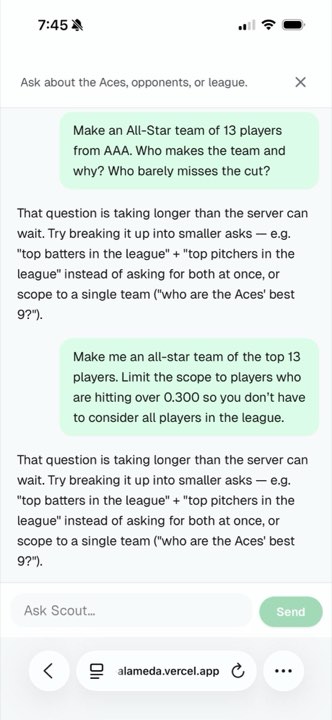 Scout chat showing a timeout error on an All-Star team question