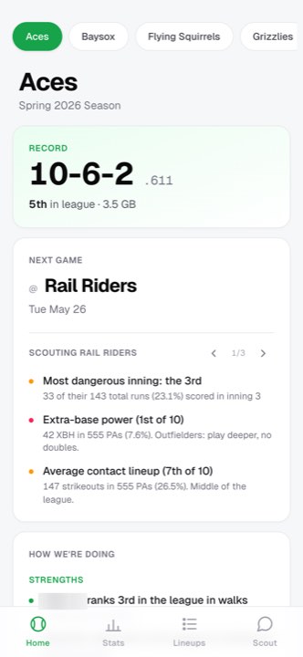 Scout home screen with record, next game, and color-coded scouting insights