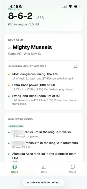 Polished home screen with color-coded scouting insights and league ranks